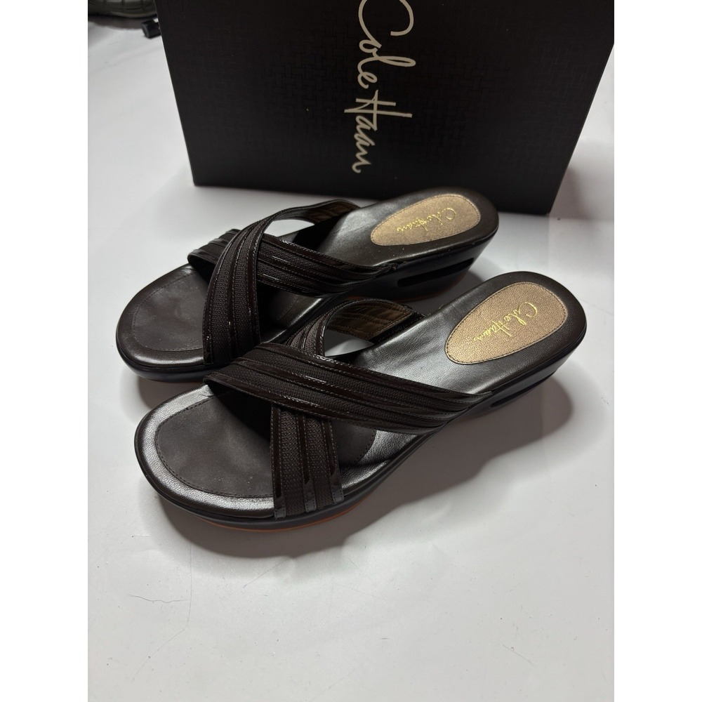 COLE HAAN G Series Brown Patent & Fabric Criss Cross Wedge Slides Women's 7.5 AA